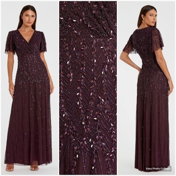 MAC DUGGAL 35109 Womens Purple Embellished Flutter Sleeve Gown Dress - Picture 1 of 14
